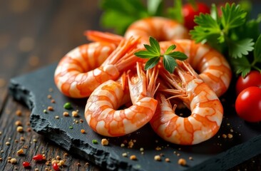 A close-up of fresh shrimp arranged artistically on a dark slate platter, surrounded by colorful herbs and spices, copy space