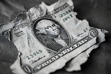 Torn and weathered currency image in grayscale.