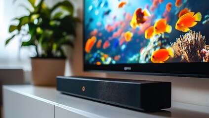 Modern home entertainment system.  A sound bar sits beneath a large flat-screen TV displaying an underwater scene.  Plants add a touch of nature