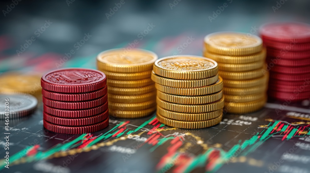 Aufkleber stack of coins positioned on a stock chart signifying financial growth and monthly report on investm