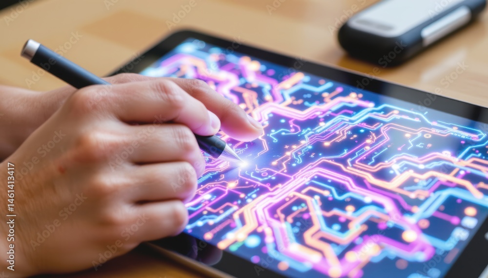 Aufkleber digital drawing on tablet with colorful circuit design and stylus.