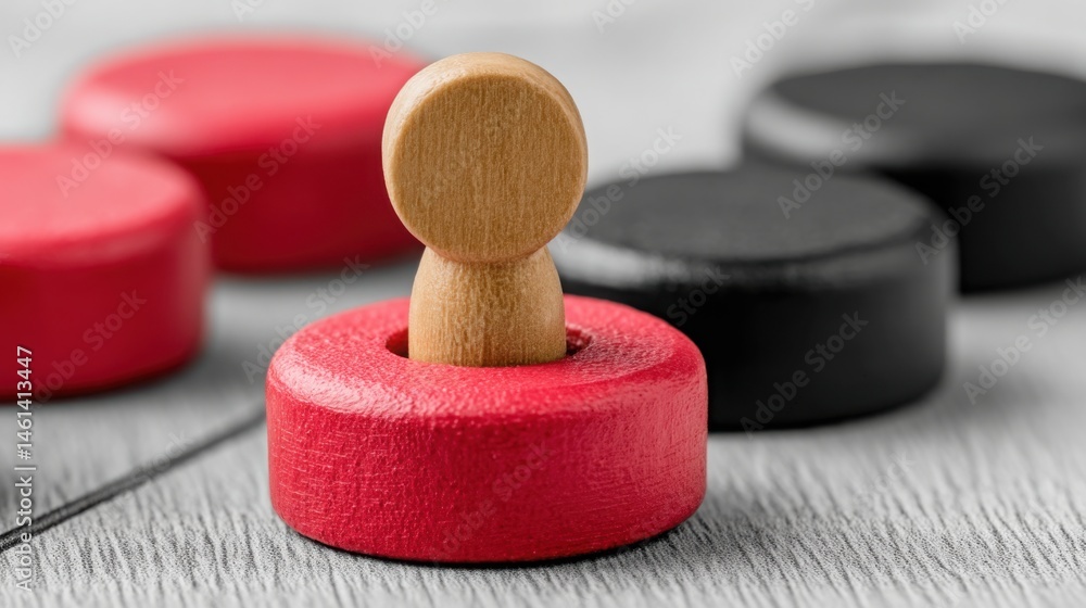 Poster unique wooden peg display featuring a red and black peg for visual contrast in a conceptual art or e