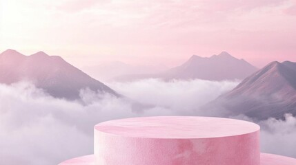 Pink Podium Against Mountain View With Foggy, Perfect for Romantic Visuals
