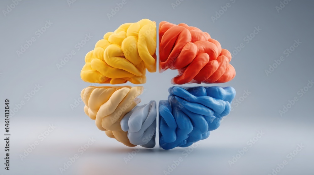 Poster colorful brain model illustrating neural feedback loop and learning process enhanced by artificial i