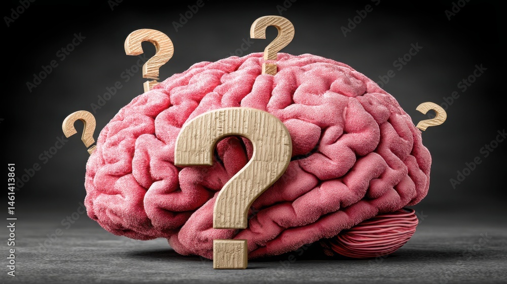 Poster human brain with question mark symbolizing inquiry and curiosity in neural conviction and decision-m