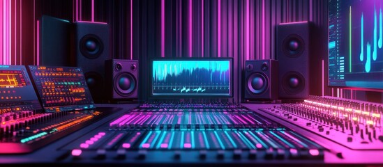 Neon-lit recording studio with mixing console, speakers, and audio editing software.