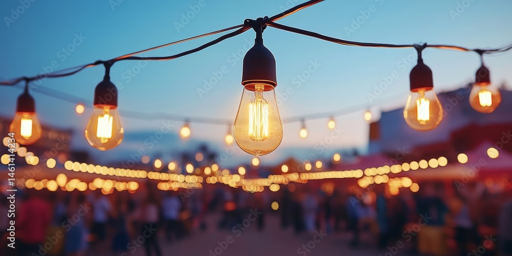 Poster glowing string lights illuminate a festive evening gathering with a blurry background