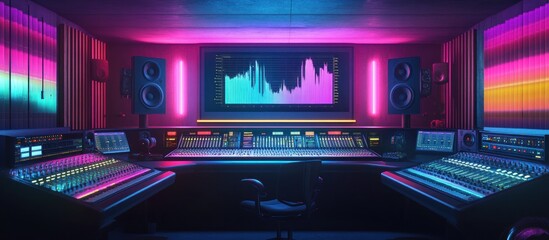 Neon-lit recording studio with mixing consoles, speakers, and audio waveform display.