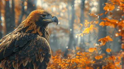 Golden eagle in autumnal woodland setting.