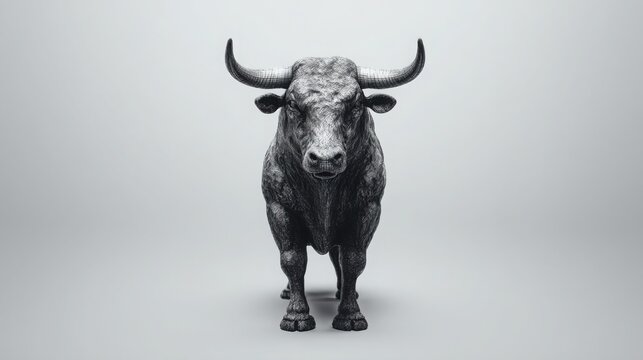 Strong bull standing proudly against a gray background symbolizing neutral optimism in financial markets without hype