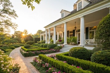 Fototapeta premium White Columns and Green Landscaping of a Classic House on a Sunny Day.