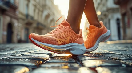 Close-up view of running shoes on cobblestone pavement.