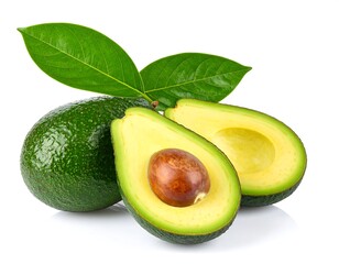 Ripe Avocados with Green Leaves on White Background