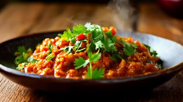 Authentic Steaming Tinga De Pollo in Dark Ceramic Bowl on Rustic Wood Surface
