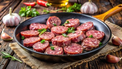 Fototapeta premium A sizzling raw beef sausage sliced into thick pieces, seared to perfection in a hot skillet with melted garlic, creating a flavorful and appetizing dish , raw beef, melting