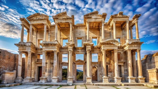 Wide-angle view of the Library of Celsus in Ephesus with its imposing columns and towering arches, set against a clear blue sky with a few wispy clouds , historical, library
