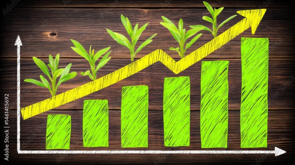 Poster intriguing graph chart surrounded by bamboo leaves illustrating the paradox of growth in sustainable