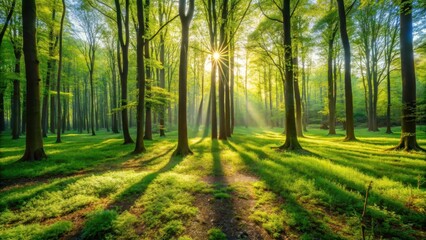 Obraz premium Serene spring morning with sunlight filtering through lush green treetops, casting dappled shadows on the forest floor, green trees, morning light