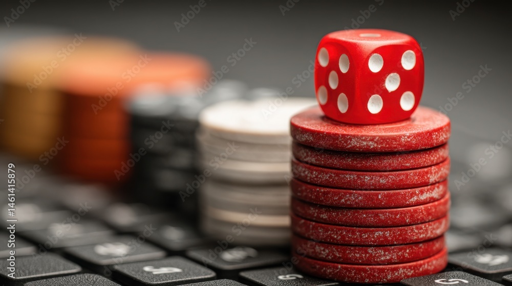 Poster a stack of colorful dice resting on a laptop symbolizing chance and strategy in the world of digital