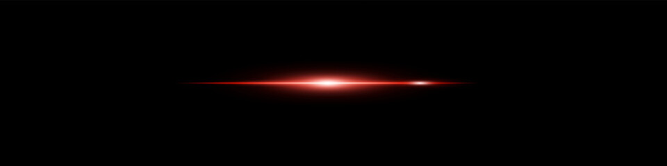 Bright neon red beam flare on dark background. Energetic glow streak with sharp motion edge.