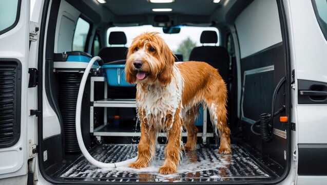 Wet brown dog inside white grooming van