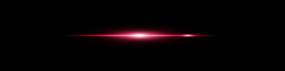 Bright neon red beam flare on dark background. Energetic glow streak with sharp motion edge.