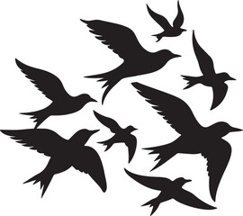 flock of birds in sky silhouette, black and white silhouette, vector and illustration