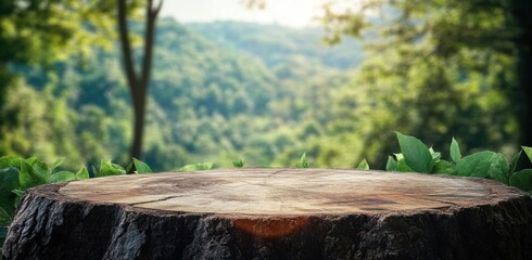 Obraz premium Tree Stump as a Natural Platform With Greenery Display and Sunny Theme