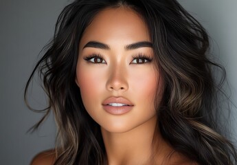 Fototapeta premium A stunning portrait features an Asian woman with long black hair, dressed in a white top, looking straight at the camera with a captivating gaze