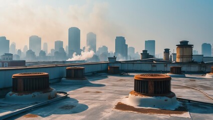 Rusty Vents on Rooftop with Distant City