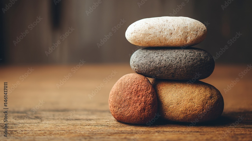 Poster neatly arranged stack of rocks symbolizing a strong portfolio balance and tension-free strategy for 