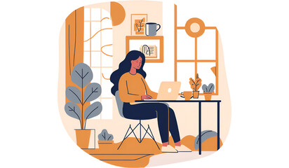Fototapeta premium Woman working on laptop at desk with lamp plant and coffee in a bright and modern style illustration