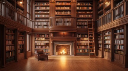 Grand library interior with fireplace, bookshelves, and leather armchair.