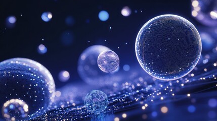 Abstract blue glowing spheres and particles floating in dark space.