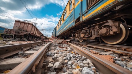 Obraz premium Rusty train cars lay derailed on abandoned tracks with scattered bricks and gravel around them. The atmosphere is somber under a cloudy sky, indicating neglect and disrepair in the area