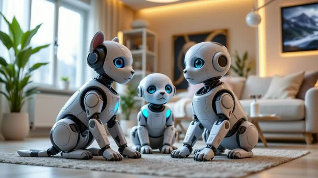 Futuristic AI-driven robotic pets designed for emotional companionship, featuring sleek metallic designs, expressive LED eyes, lifelike movement, and home integration in a modern smart home setting