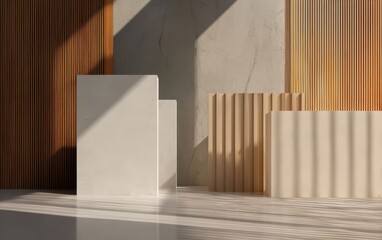 Obraz premium Abstract geometric shapes with vertical lines and shadows in a minimalist setting