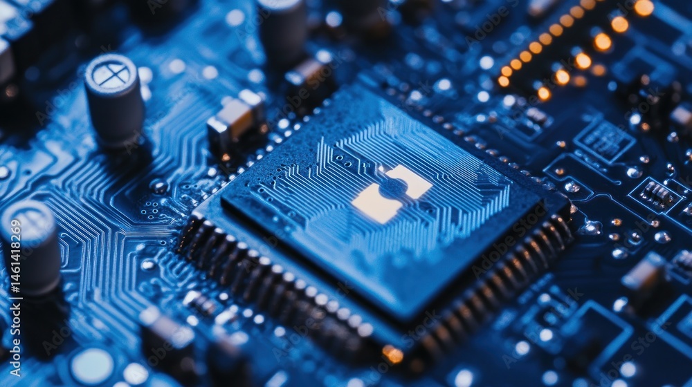 Poster close-up of a microprocessor chip on a circuit board, glowing with data.