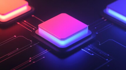 Glowing neon square buttons, vibrant colors illuminating a sleek digital interface, perfect for tech-themed design or gaming visuals.