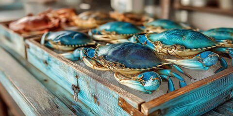 The picture of blue swimming crabs is collected on a tray with ice soaked to keep fresh