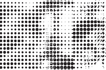 A dense of overlapping black and white circles creates a dynamic abstract visual.