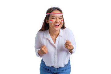 Excited young Asian women celebrate Indonesian independence day isolated on transparent background
