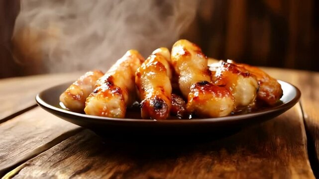Caramel Glazed Sweet Potato Dessert on Dark Plate Over Wood Surface in Warm Lighting for Mexican Cuisine Themed Content