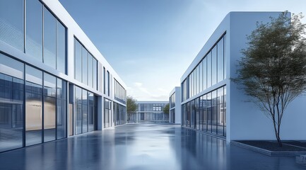 Obraz premium Modern Glass Buildings with Reflective Floor and Tree