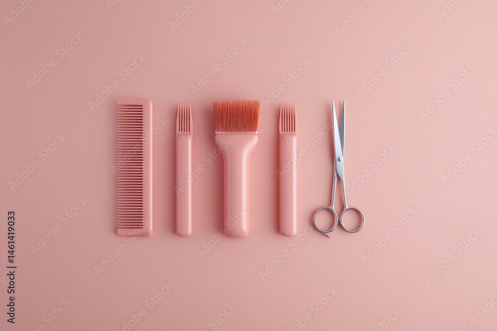 Poster minimalistic image of pet grooming tools arranged neatly on solid color background including brushes