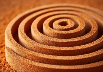 Naklejka premium A Zen garden's sand spiral, with its circular and textured pattern, presents a peaceful and abstract image of brown hues that inspire meditation, calmness, and a deep appreciation for nature