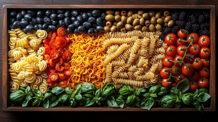 Colorful Arrangement of Fresh Vegetables and Pasta on Wooden Board