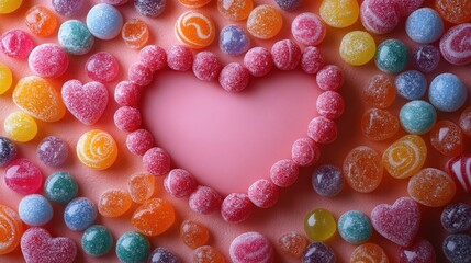 Colorful Candy Heart Shape Surrounded by Vibrant Sweets and Treats