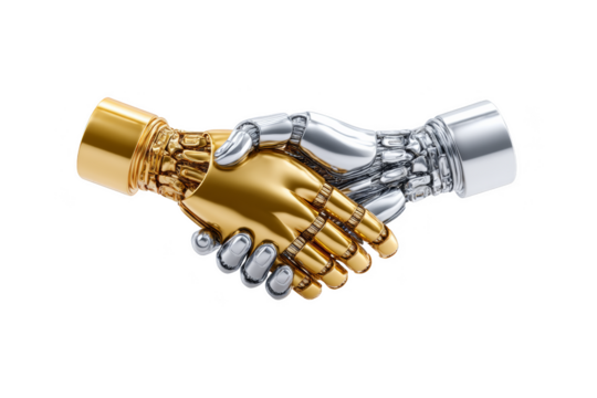 Robotic hands in a handshake, symbolizing partnership and collaboration. Png, Transparent background.