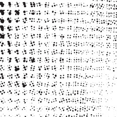 A dense array of small dark dots gradually transitions into larger lighter spots across a white background.